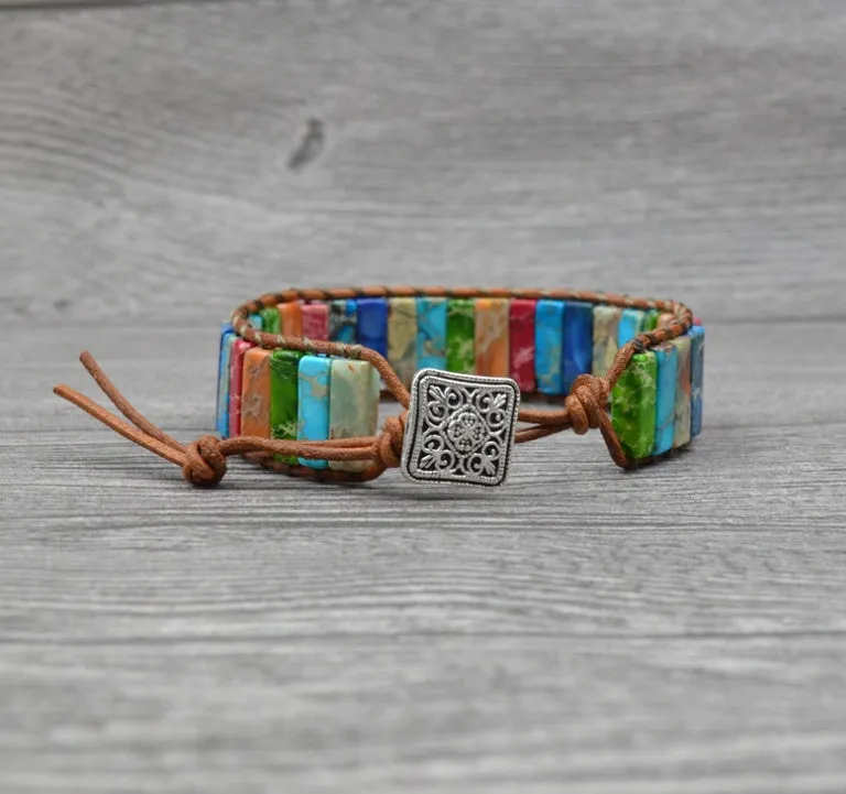 Hand-woven leather bracelet with coloured agate stone, adjustable 17cm, ethnic geometric style