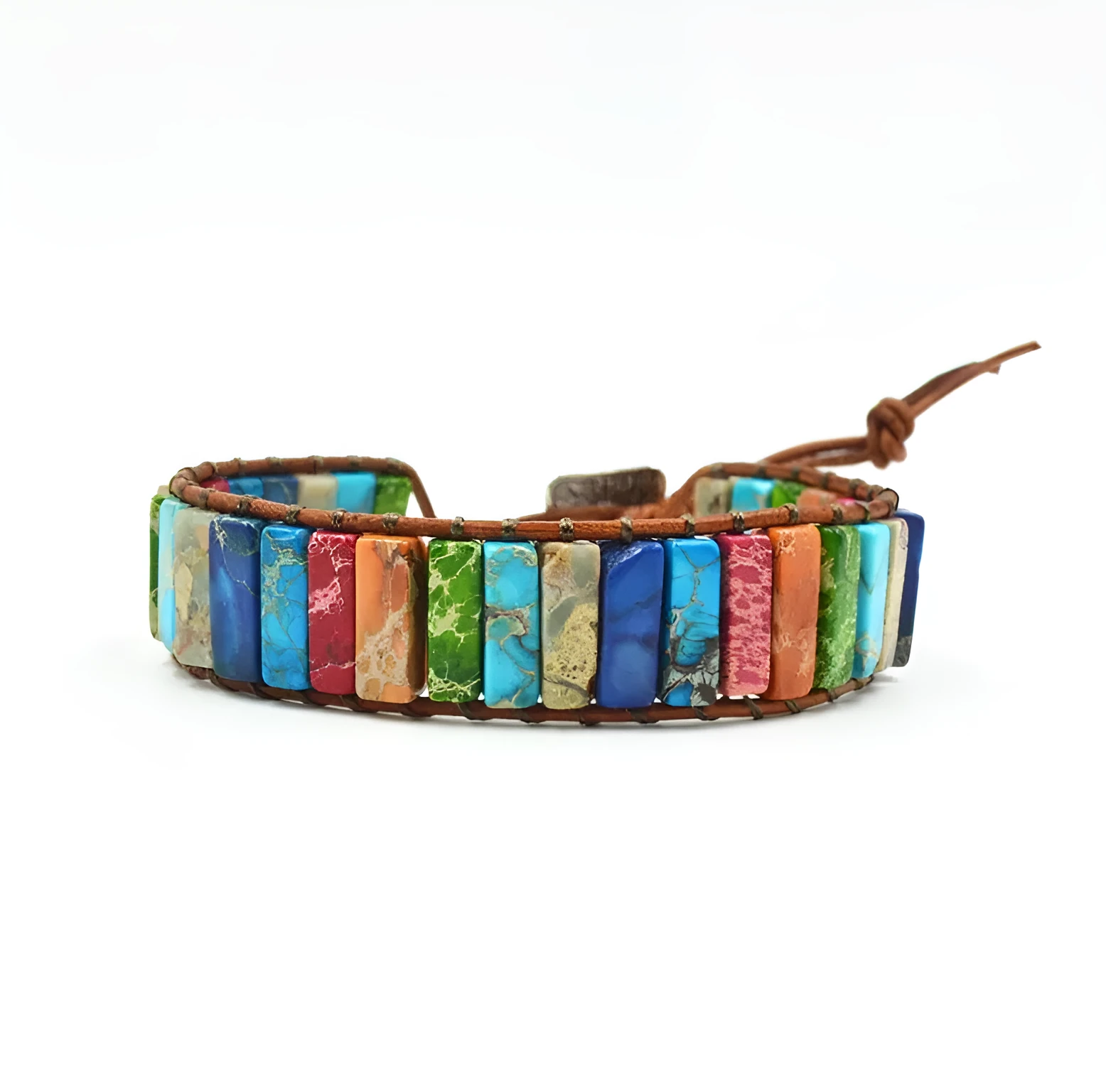 Hand-woven leather bracelet with coloured agate stone, adjustable 17cm, ethnic geometric style