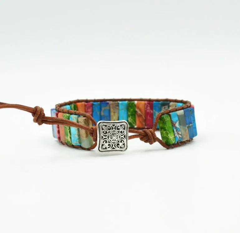 Hand-woven leather bracelet with coloured agate stone, adjustable 17cm, ethnic geometric style