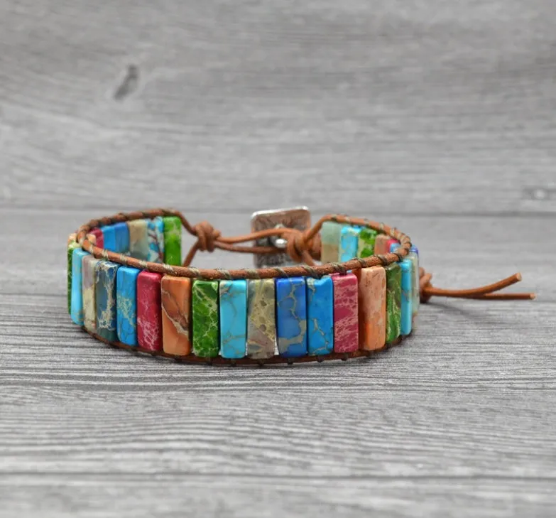 Hand-woven leather bracelet with coloured agate stone, adjustable 17cm, ethnic geometric style