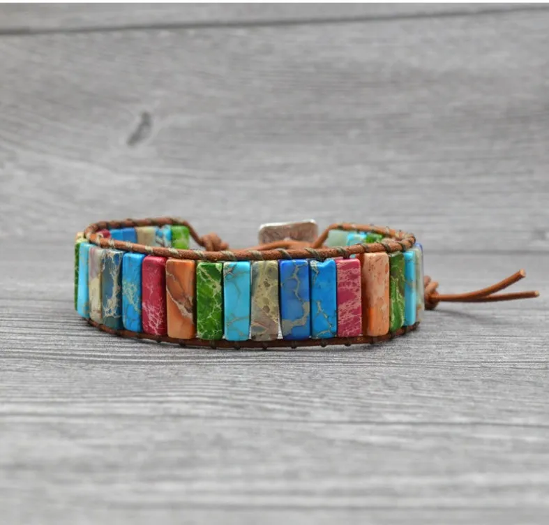 Hand-woven leather bracelet with coloured agate stone, adjustable 17cm, ethnic geometric style