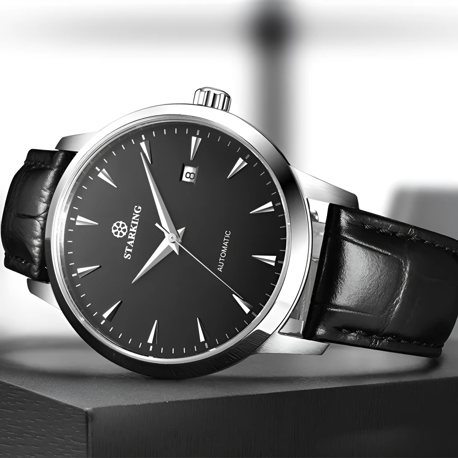 Starking Star Watch automatic men with black dial, light brown leather band, and steel case