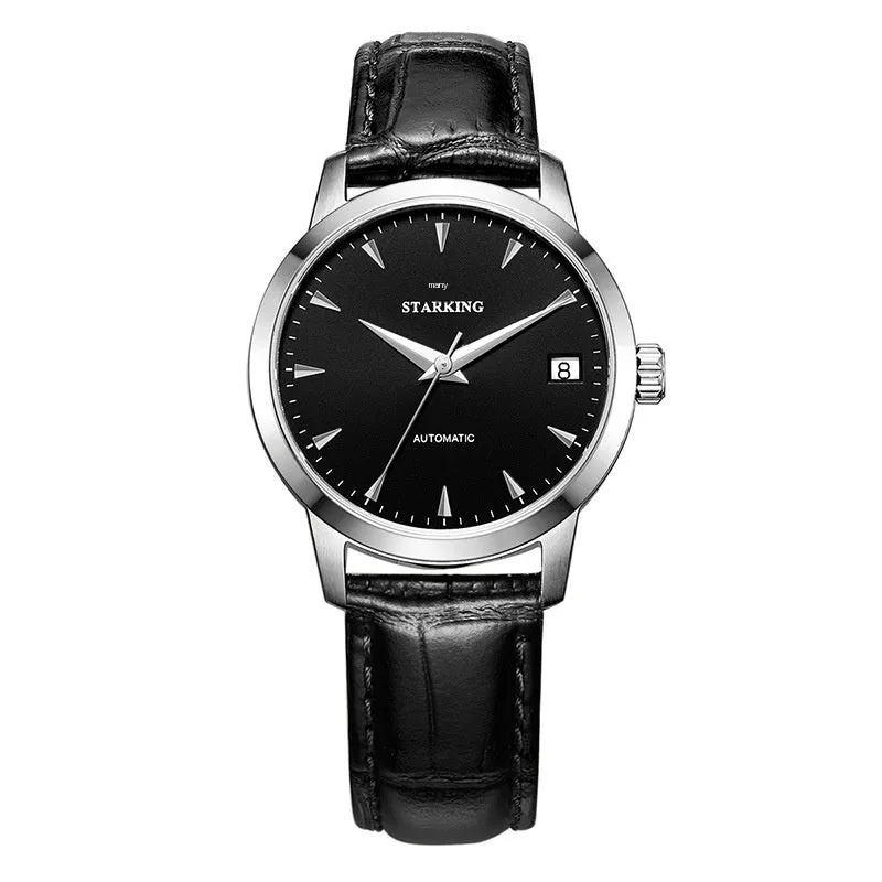 Starking Star Watch automatic men with black dial, light brown leather band, and steel case