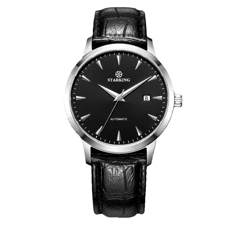 Starking Star Watch automatic men with black dial, light brown leather band, and steel case