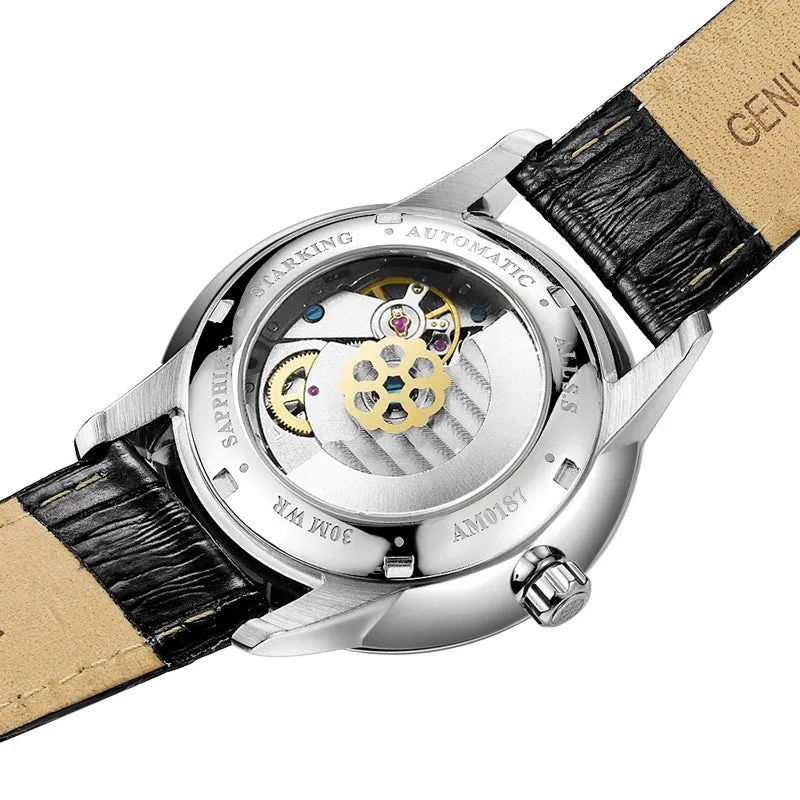 Starking Star Watch automatic men with black dial, light brown leather band, and steel case