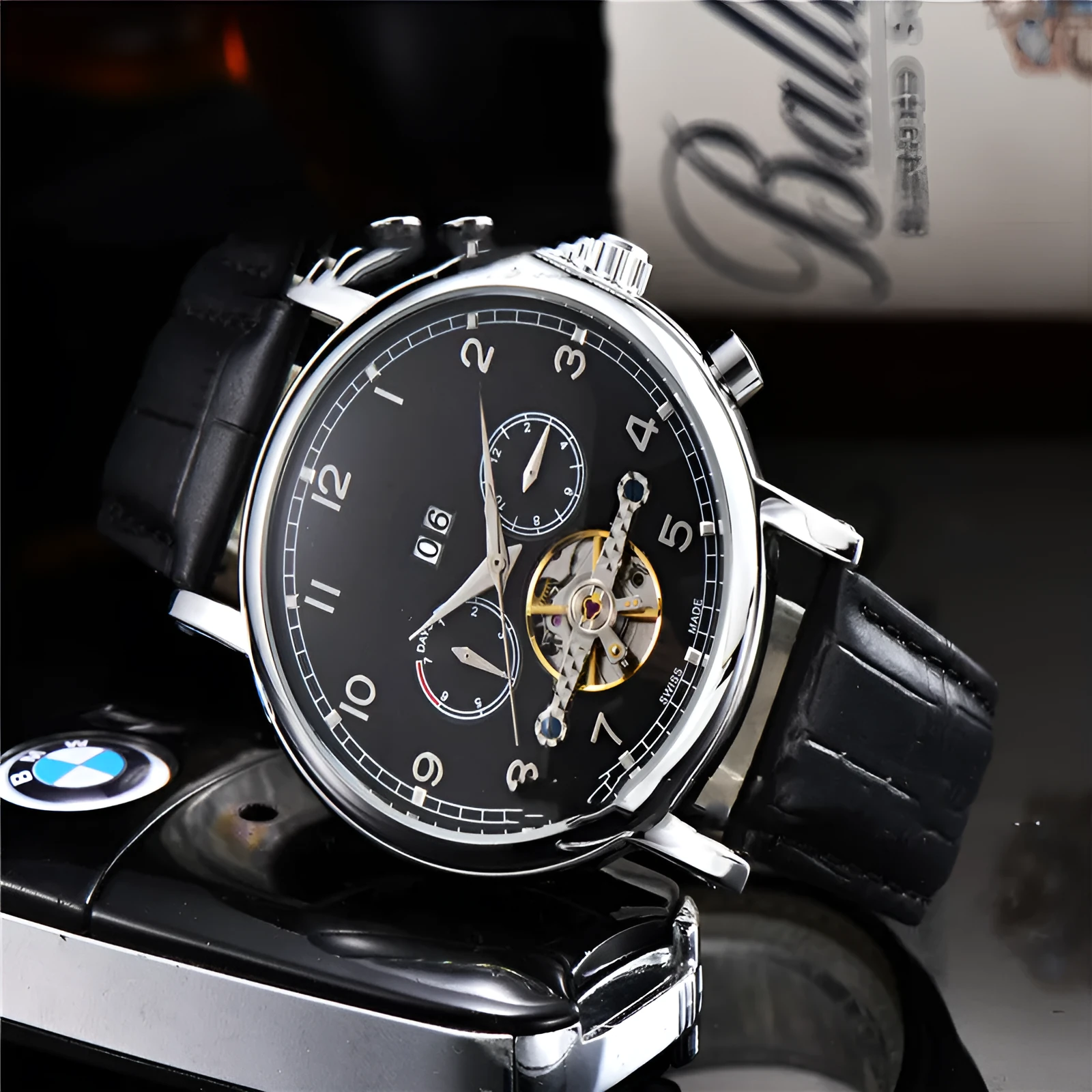 Mechanical watch with 46mm dial, transparent case back, flat-topped cone crown, European style