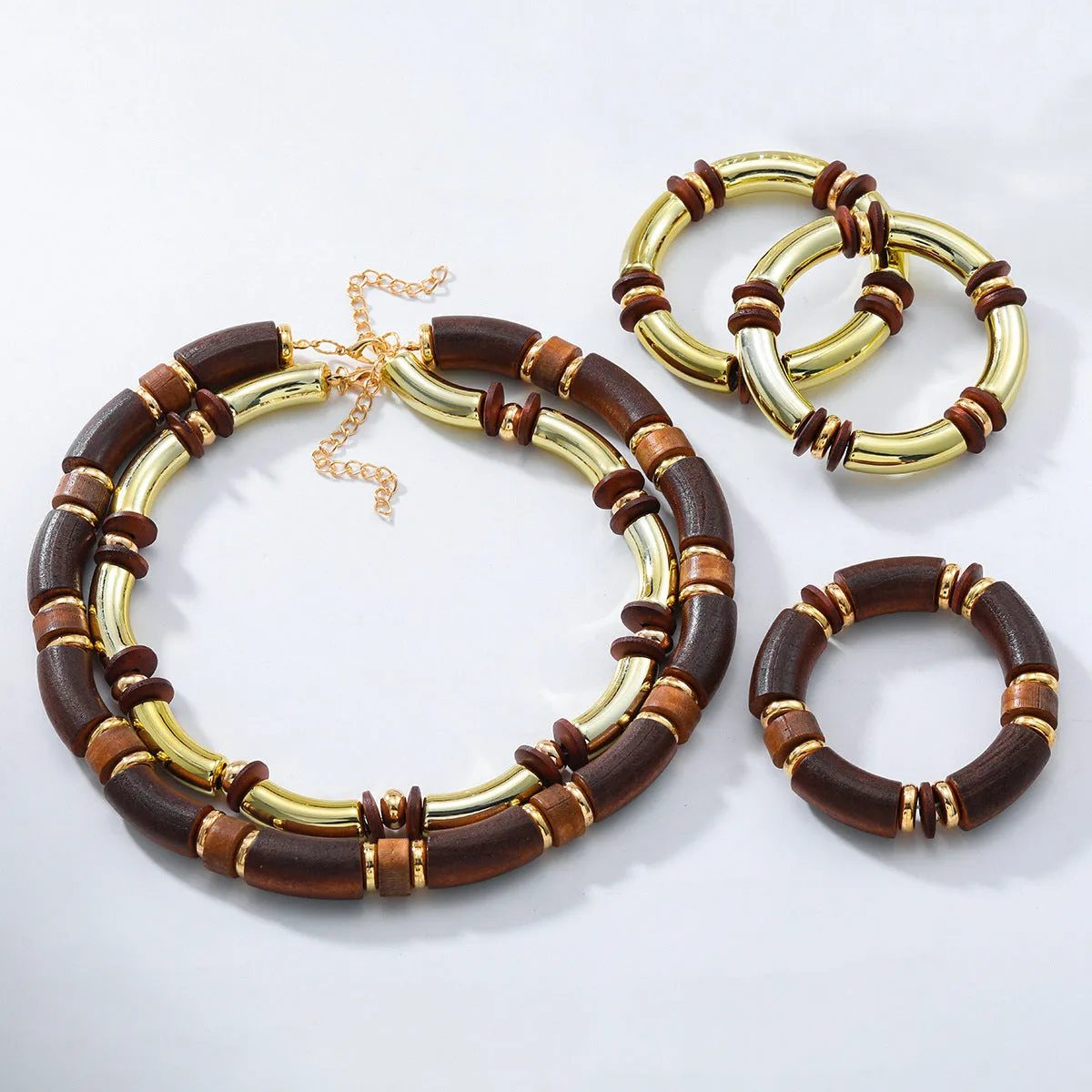 Women's layered wooden necklace and matching bracelet set in European exaggerated style