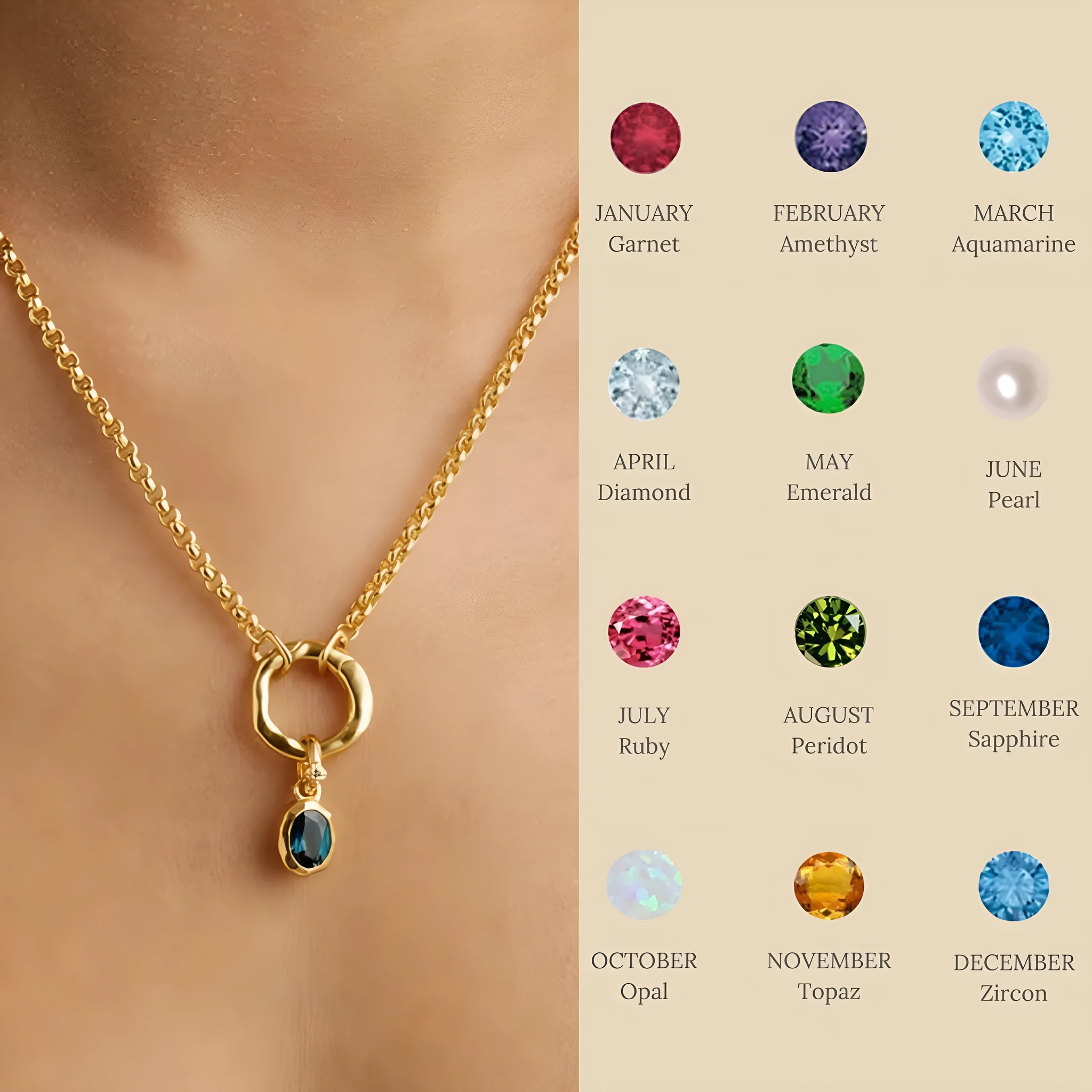 Stainless steel birthstone necklace with moon stone love pendant on copper O-ring chain, electroplated finish, geometric shape