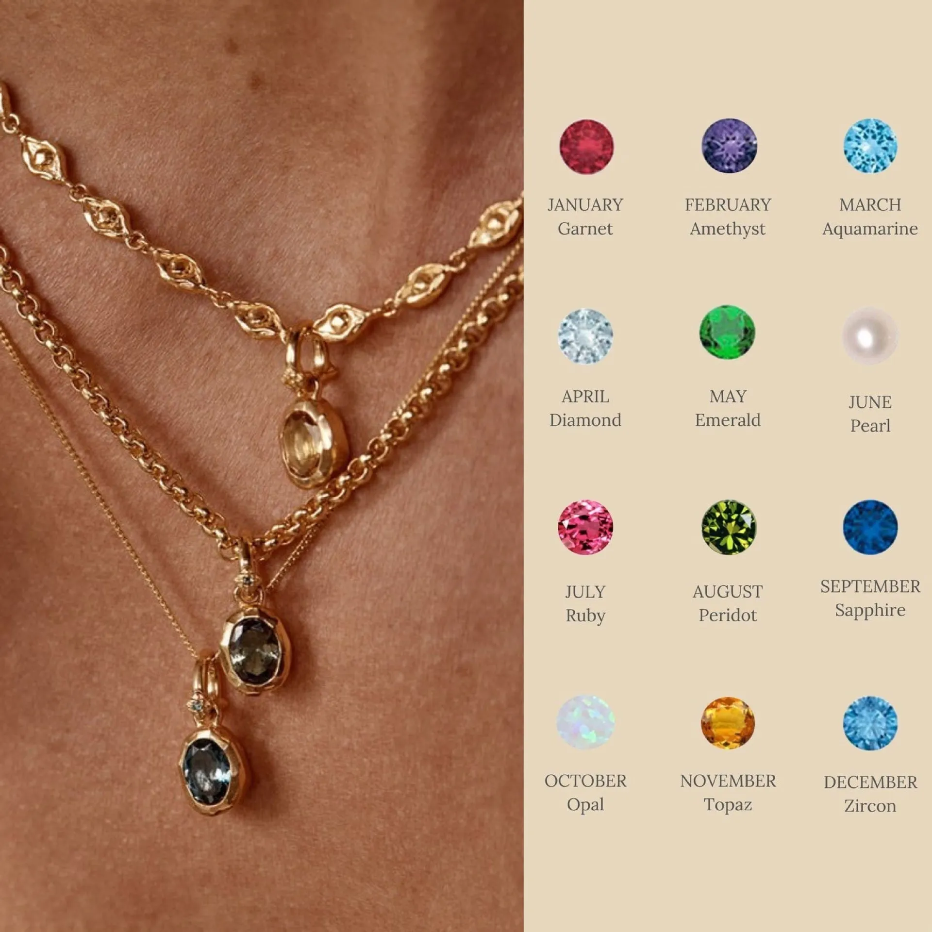 Stainless steel birthstone necklace with moon stone love pendant on copper O-ring chain, electroplated finish, geometric shape