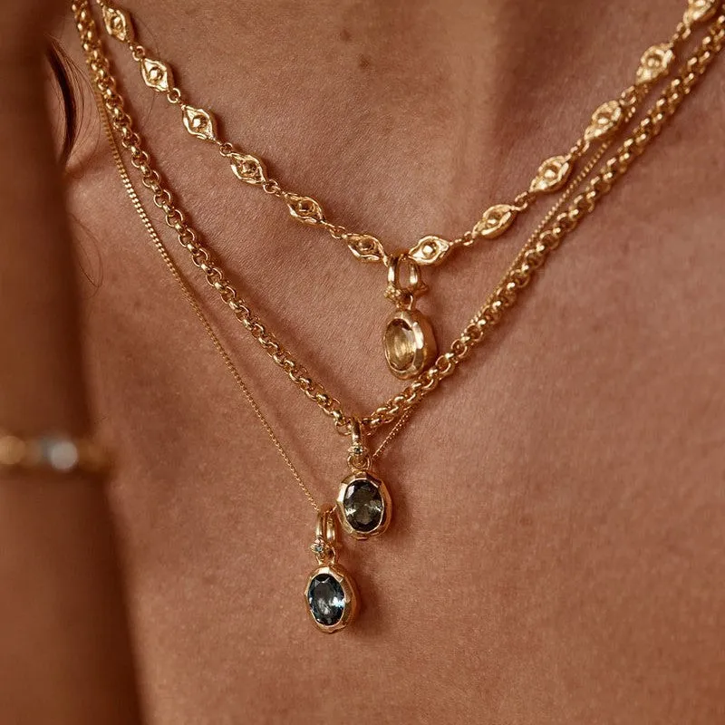 Stainless steel birthstone necklace with moon stone love pendant on copper O-ring chain, electroplated finish, geometric shape