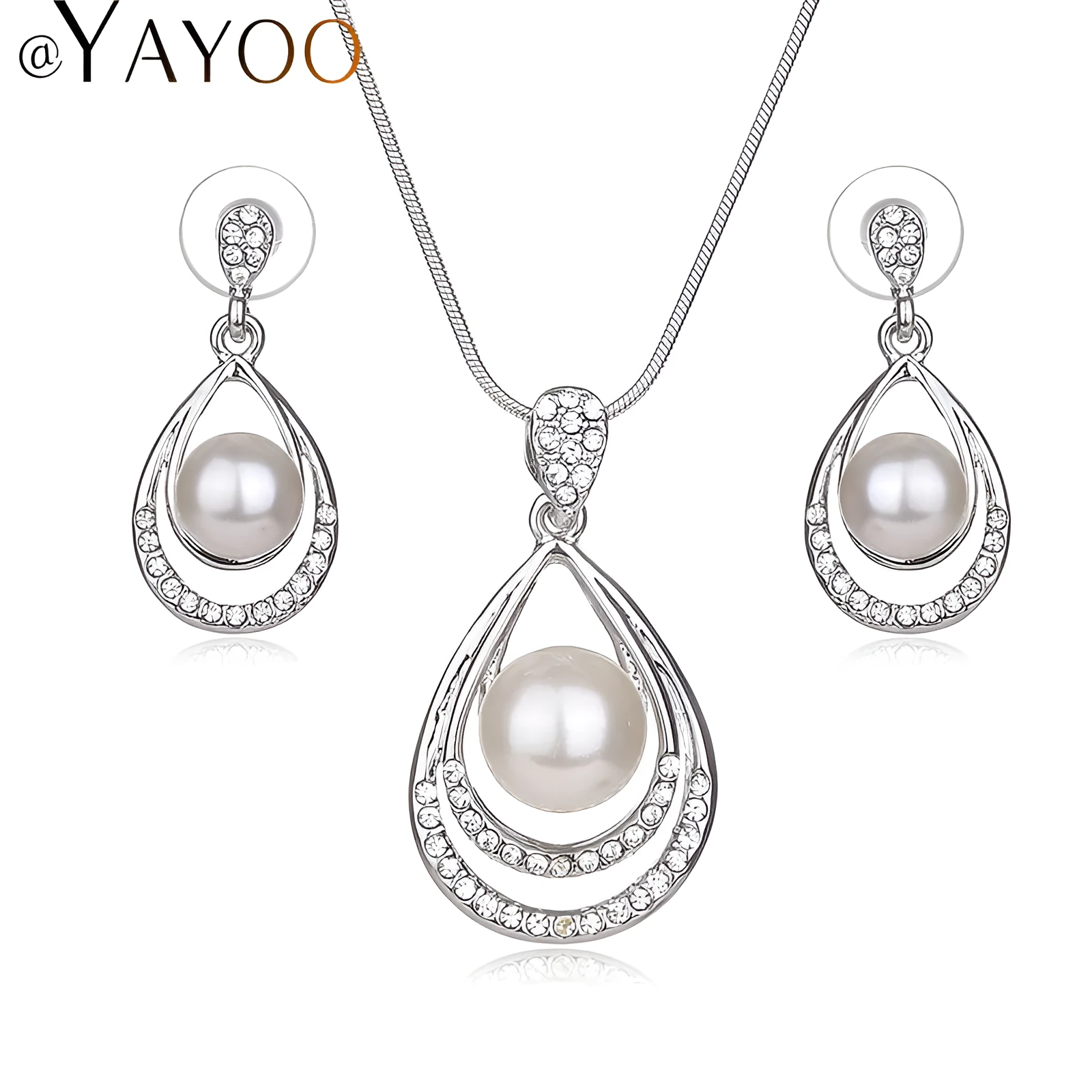 Women's fashion pearl jewelry set with drop-shaped simulated pearl necklace and earrings in silvery colour