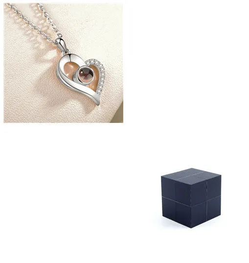 I Love You necklace with zircon pendant in silver, 100 languages design, chain length 40+5 cm