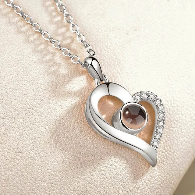 I Love You necklace with zircon pendant in silver, 100 languages design, chain length 40+5 cm
