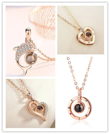 I Love You necklace with zircon pendant in silver, 100 languages design, chain length 40+5 cm