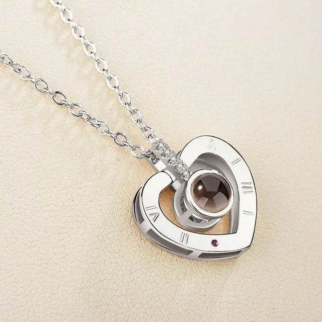 I Love You necklace with zircon pendant in silver, 100 languages design, chain length 40+5 cm