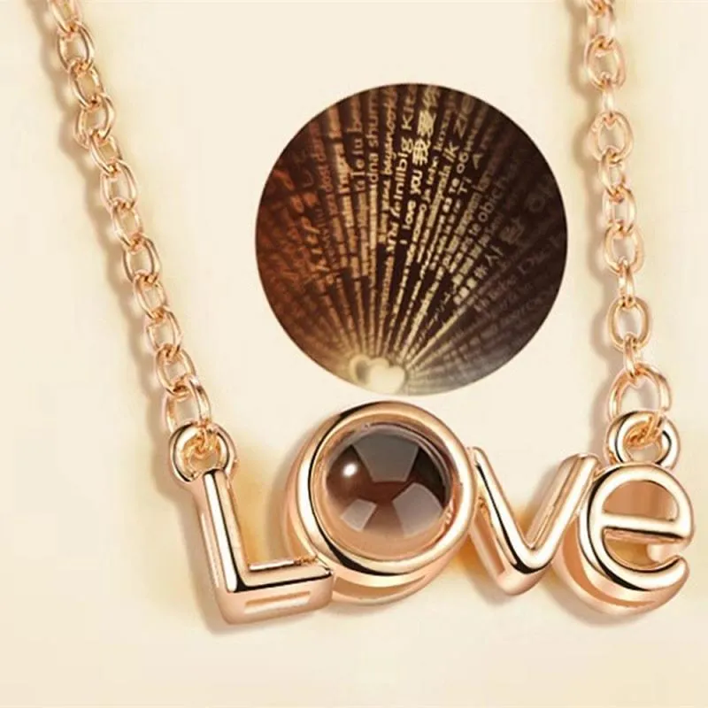 I Love You necklace with zircon pendant in silver, 100 languages design, chain length 40+5 cm