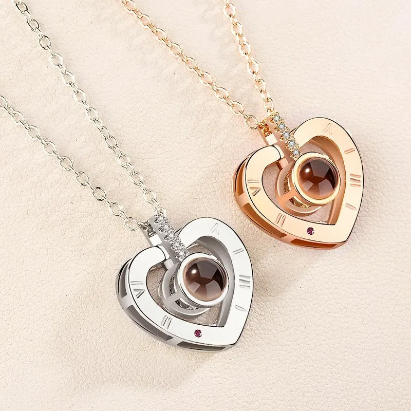 I Love You necklace with zircon pendant in silver, 100 languages design, chain length 40+5 cm