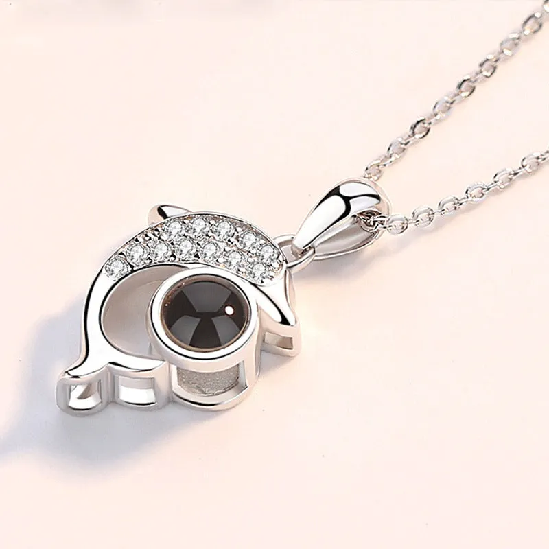 I Love You necklace with zircon pendant in silver, 100 languages design, chain length 40+5 cm