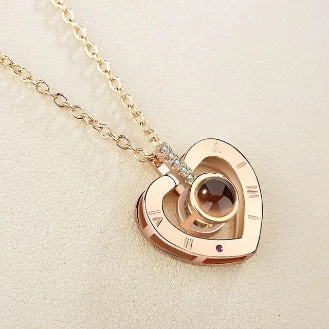 I Love You necklace with zircon pendant in silver, 100 languages design, chain length 40+5 cm