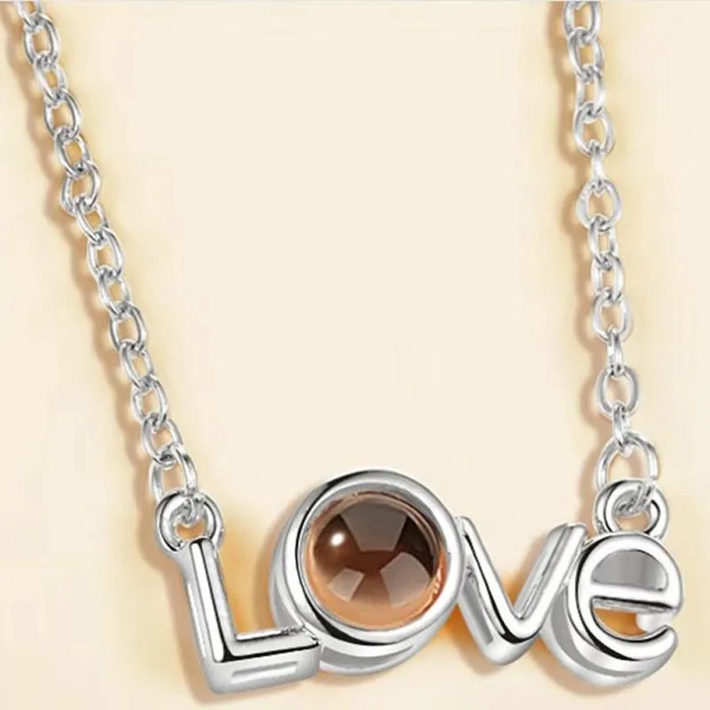 I Love You necklace with zircon pendant in silver, 100 languages design, chain length 40+5 cm