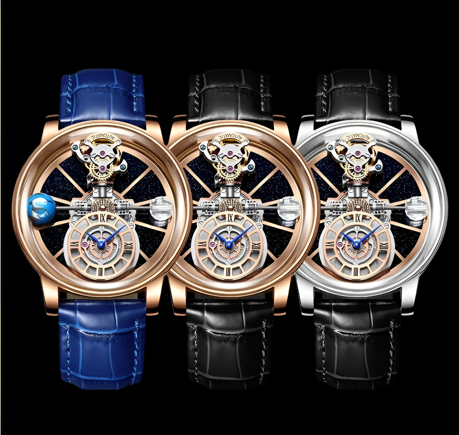 Men's hollowed-out quartz watch with round 46mm dial, real leather strap, and mineral glass on wrist