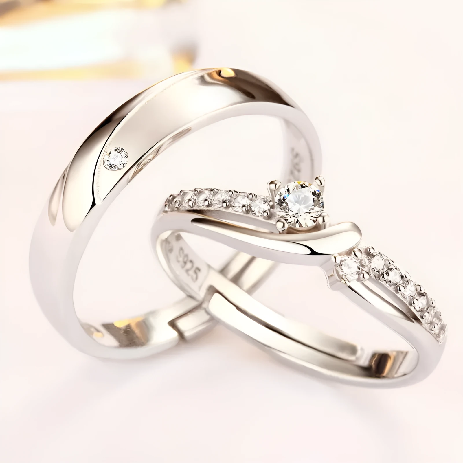 Simple sterling silver couple ring set in white gold finish with gem inlay