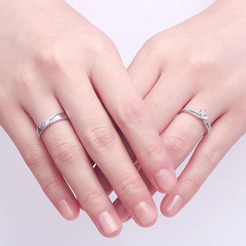 Simple sterling silver couple ring set in white gold finish with gem inlay