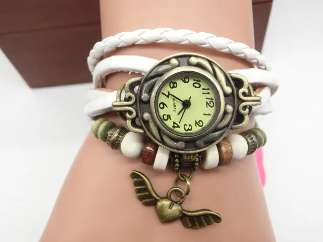 Women's casual quartz watch with flying heart pendant, round 22.5mm dial, PU strap, available in multiple colours
