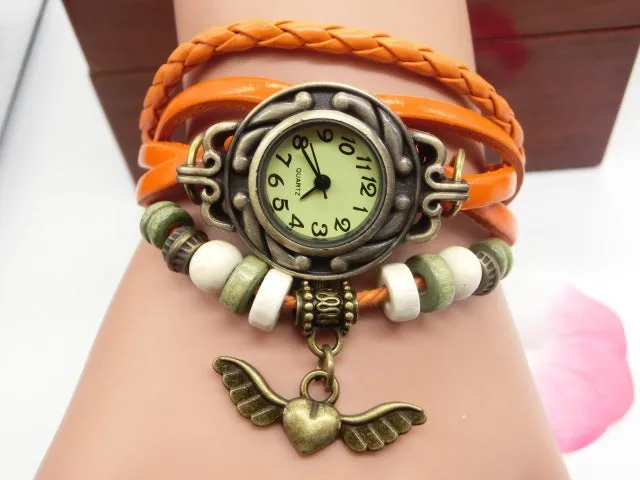 Women's casual quartz watch with flying heart pendant, round 22.5mm dial, PU strap, available in multiple colours