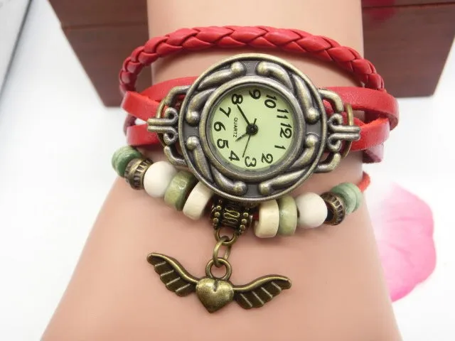 Women's casual quartz watch with flying heart pendant, round 22.5mm dial, PU strap, available in multiple colours