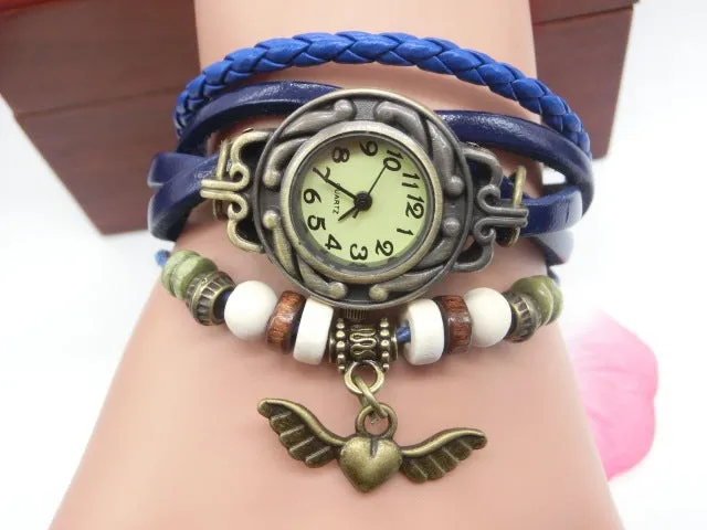 Women's casual quartz watch with flying heart pendant, round 22.5mm dial, PU strap, available in multiple colours
