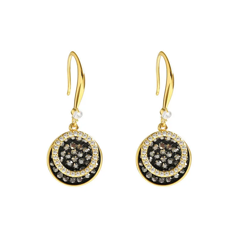 Black geometric alloy earrings with round pieces and 3.6cm length, retro Hong Kong style design.