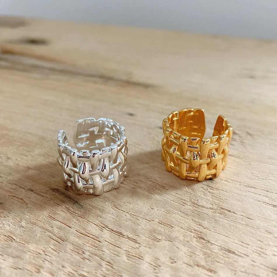 Woven ring for women, hollow cross design, wide band, brass with electric degree white steel finish, gold and silver options