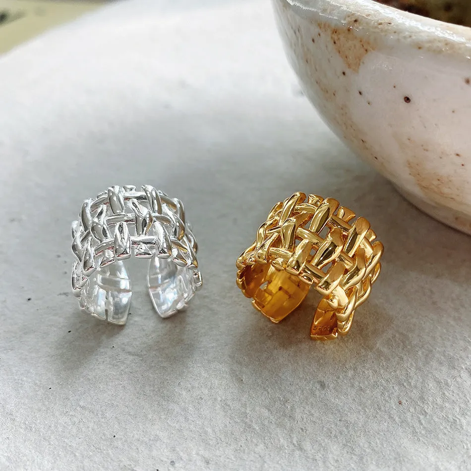 Woven ring for women, hollow cross design, wide band, brass with electric degree white steel finish, gold and silver options