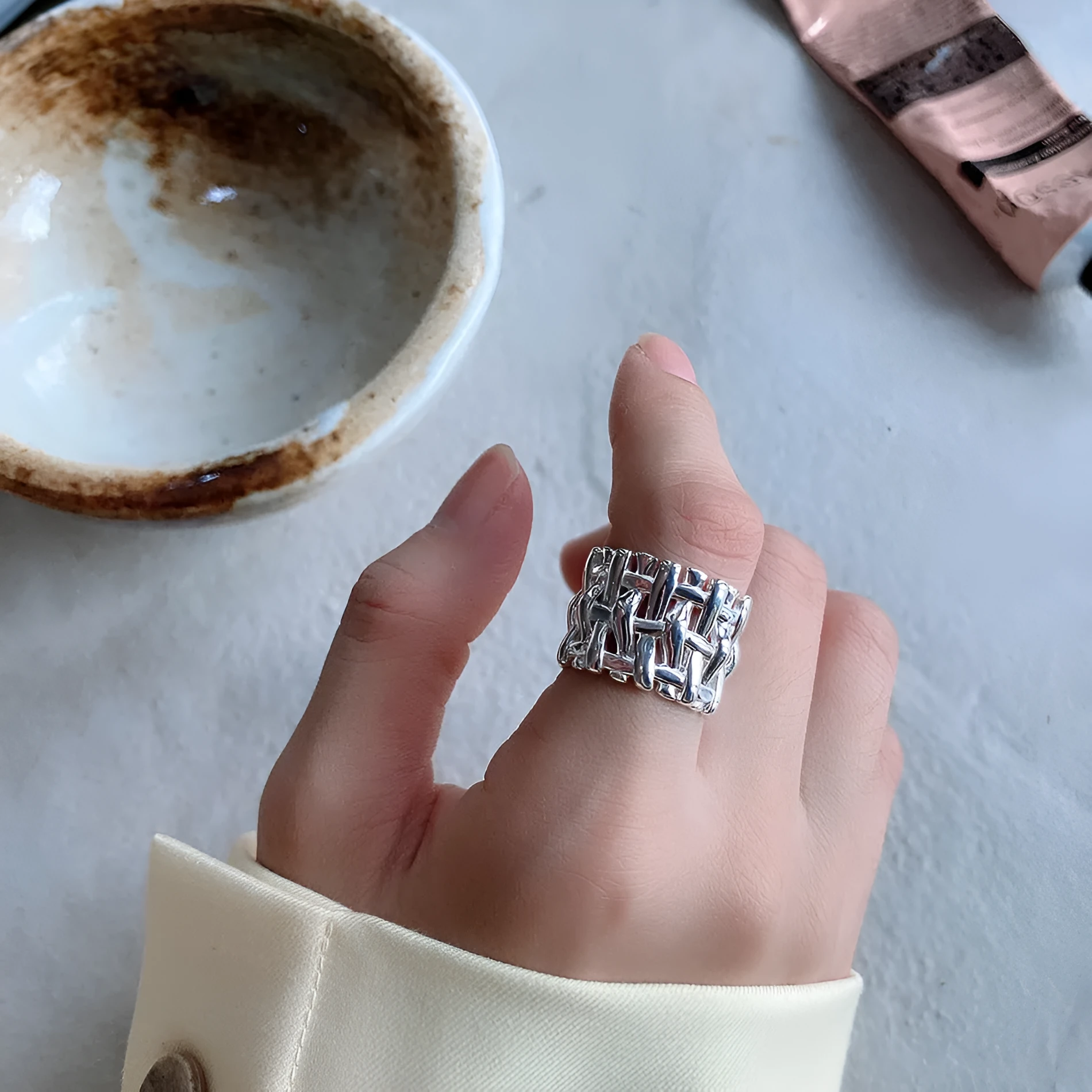 Woven ring for women, hollow cross design, wide band, brass with electric degree white steel finish, gold and silver options