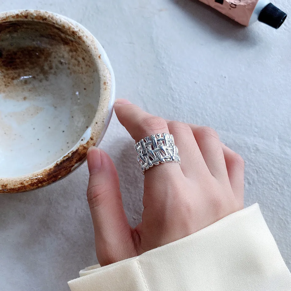 Woven ring for women, hollow cross design, wide band, brass with electric degree white steel finish, gold and silver options