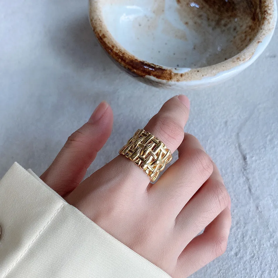 Woven ring for women, hollow cross design, wide band, brass with electric degree white steel finish, gold and silver options