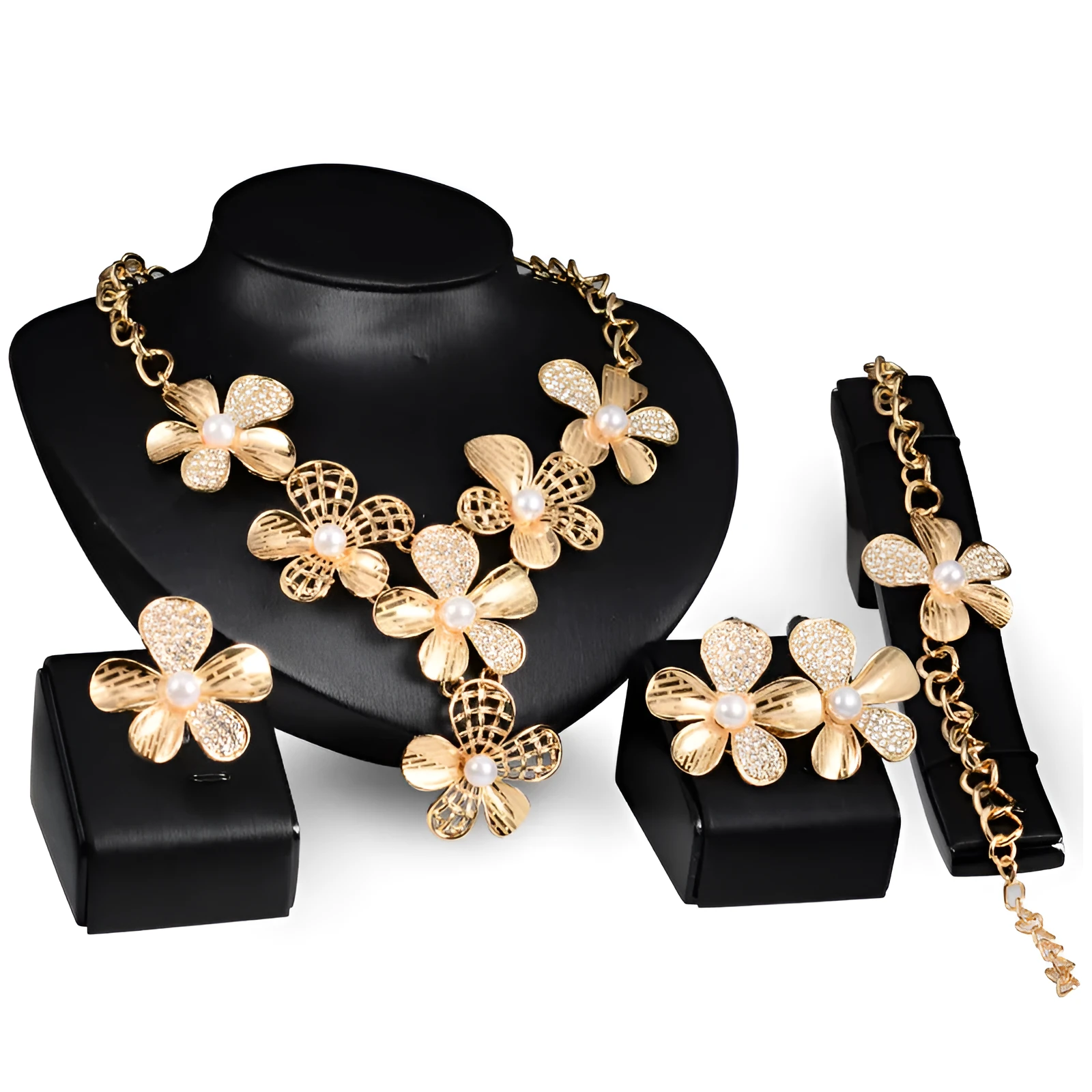 Gold alloy four-piece jewelry set with necklace, earrings, and bracelet in 18K gold finish, artificial gem details