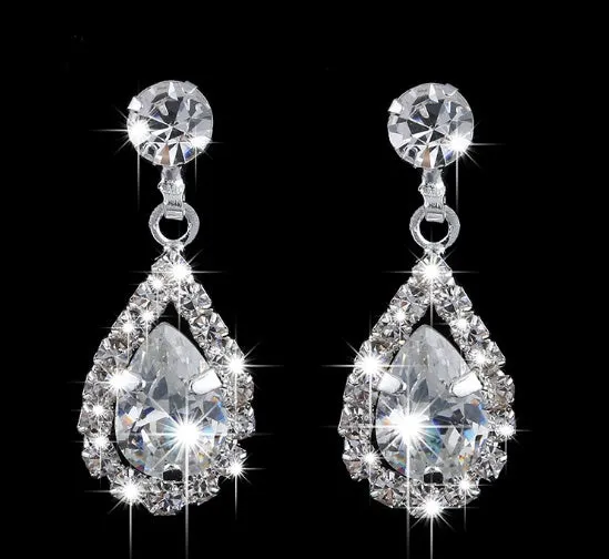 Silver alloy water-drop zircon pendant necklace and matching earrings set with rhinestone claw chain, front view