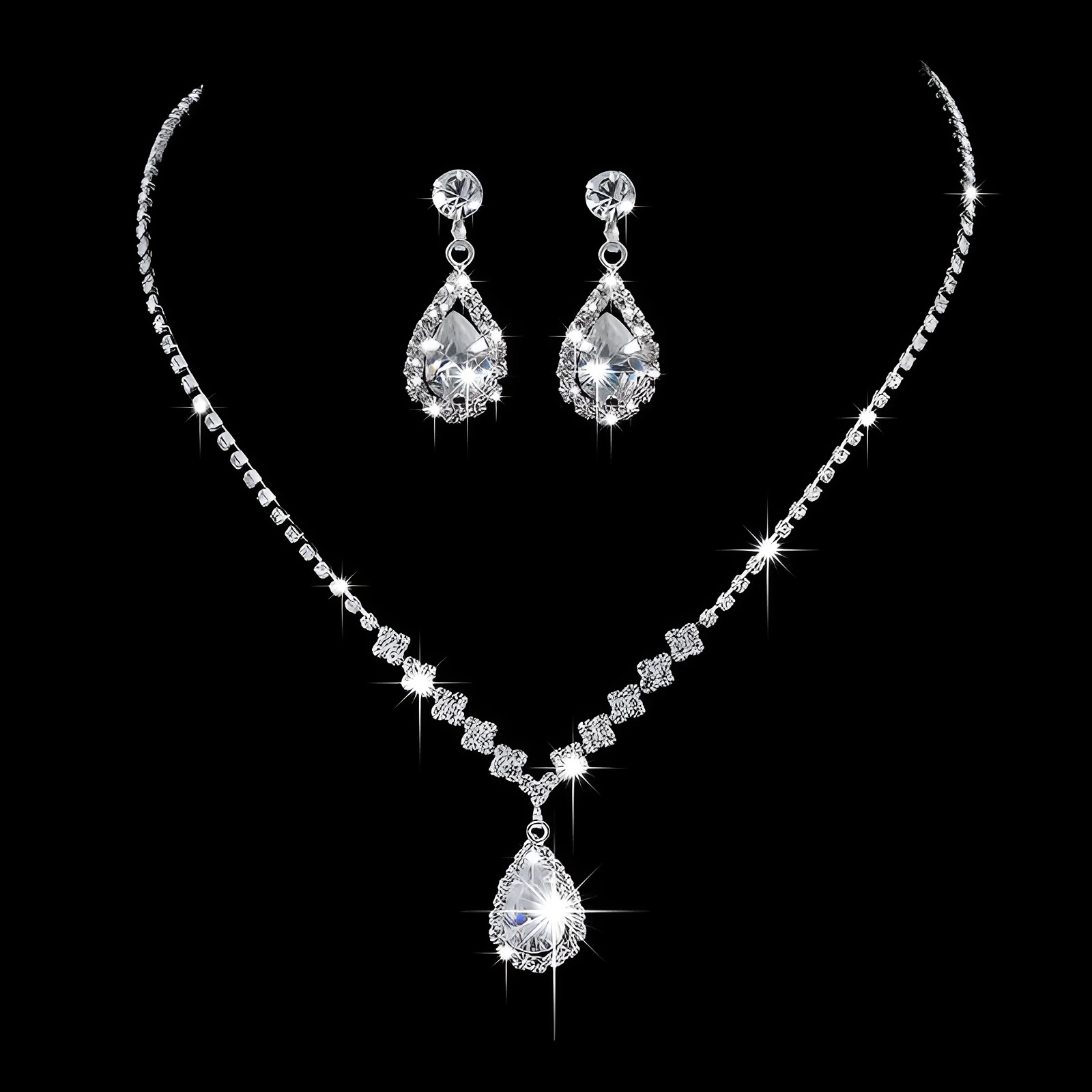 Silver alloy water-drop zircon pendant necklace and matching earrings set with rhinestone claw chain, front view