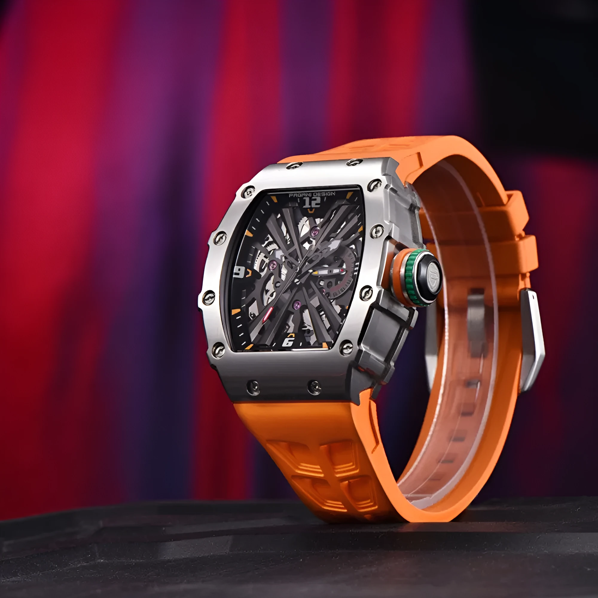 Square men's quartz calendar watch with hollowed design, stainless steel case, 42mm dial, rubber strap in black