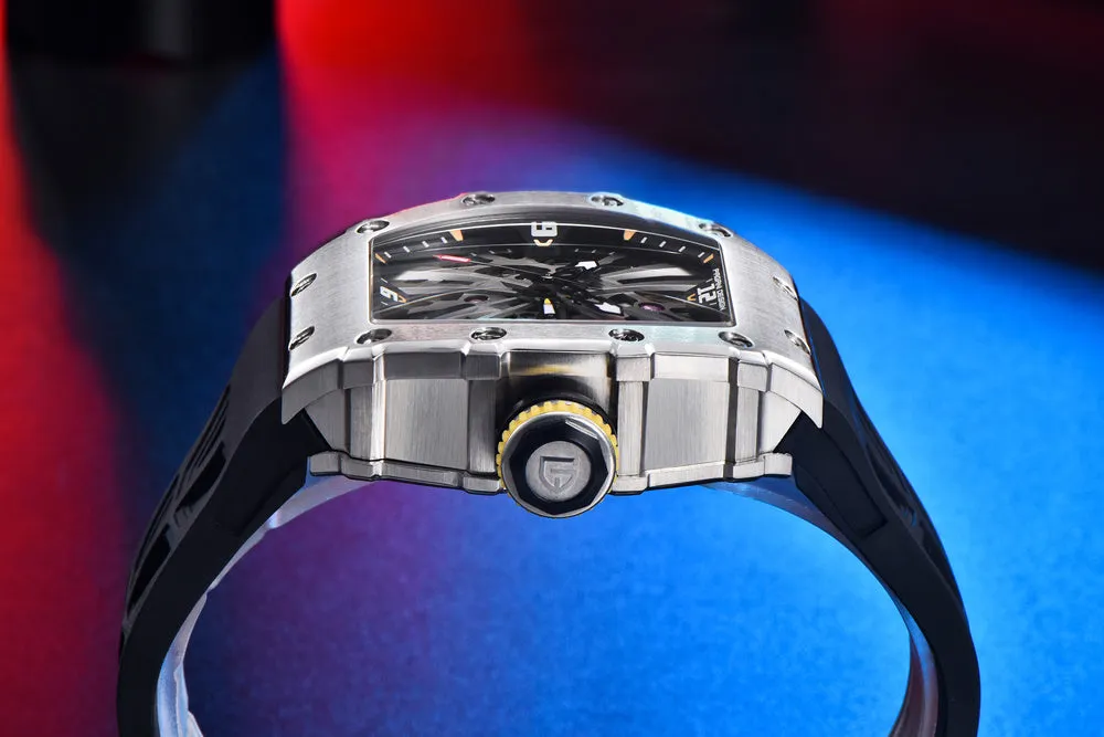Square men's quartz calendar watch with hollowed design, stainless steel case, 42mm dial, rubber strap in black