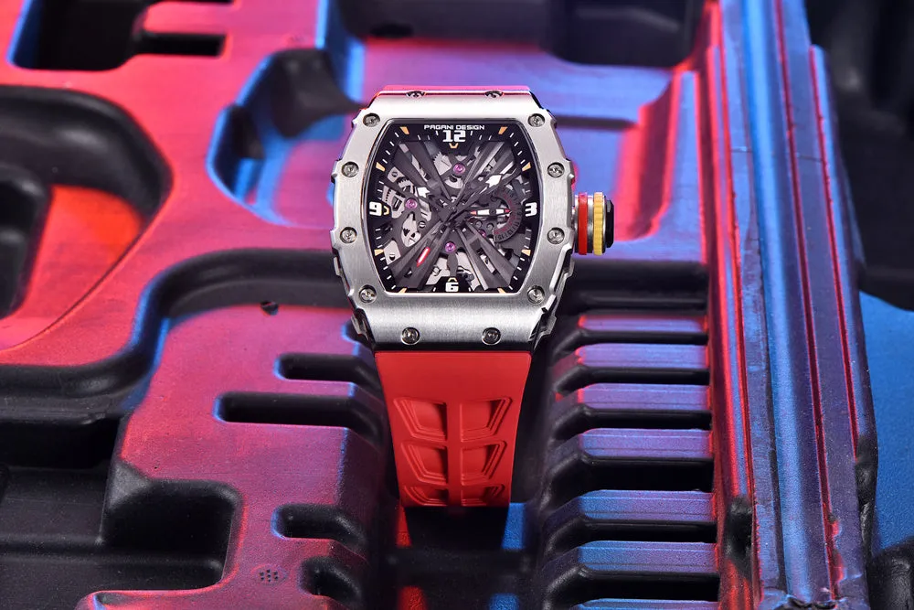 Square men's quartz calendar watch with hollowed design, stainless steel case, 42mm dial, rubber strap in black