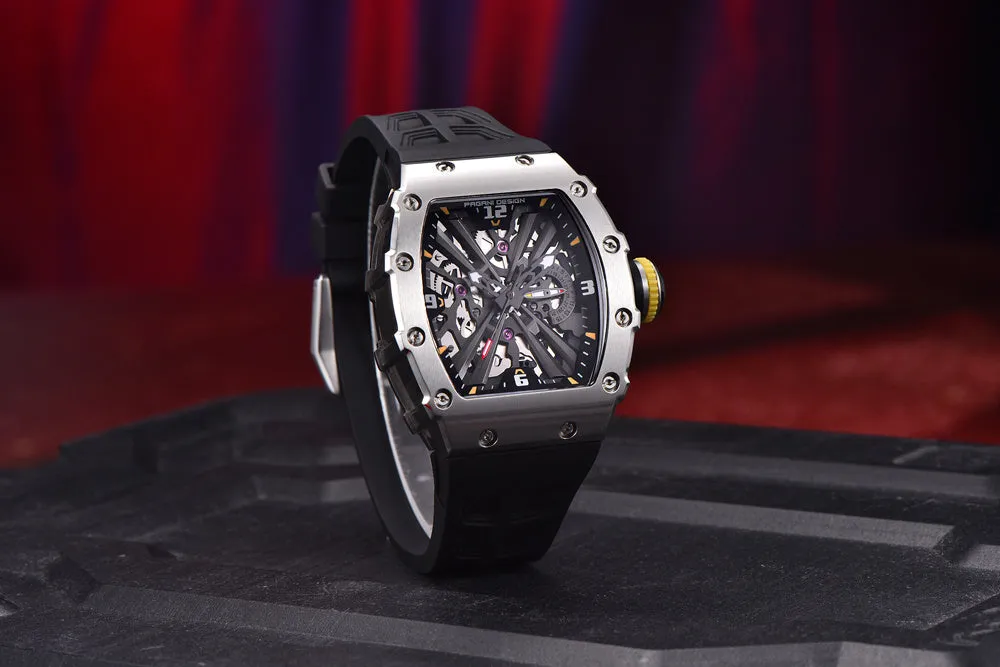 Square men's quartz calendar watch with hollowed design, stainless steel case, 42mm dial, rubber strap in black