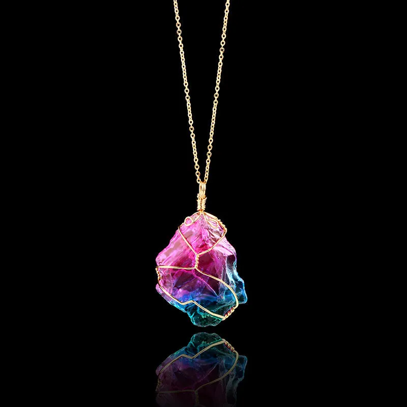 Rainbow quartz crystal necklace with natural rough dyed pendant on alloy chain, blue gold silver colour options