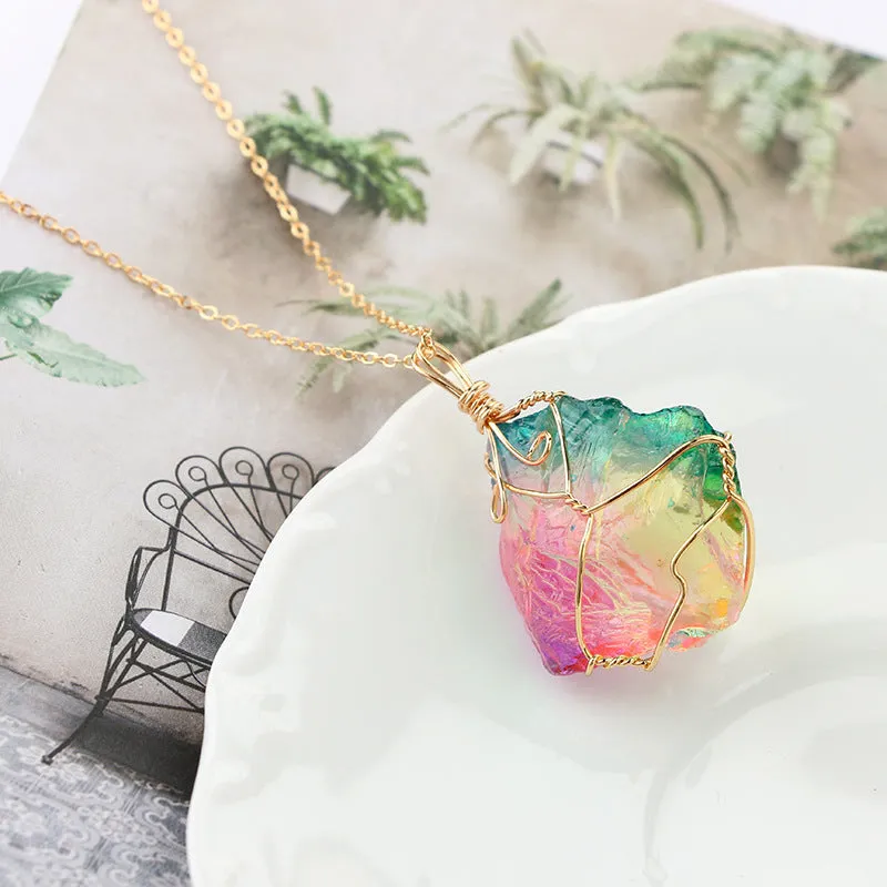 Rainbow quartz crystal necklace with natural rough dyed pendant on alloy chain, blue gold silver colour options