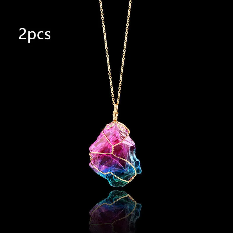 Rainbow quartz crystal necklace with natural rough dyed pendant on alloy chain, blue gold silver colour options