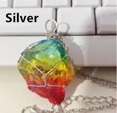 Rainbow quartz crystal necklace with natural rough dyed pendant on alloy chain, blue gold silver colour options