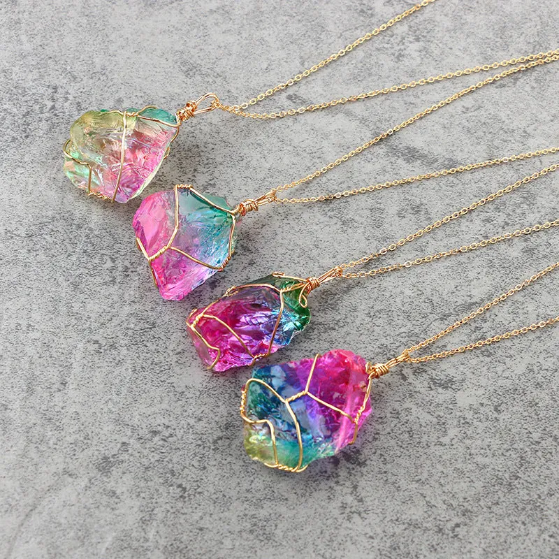 Rainbow quartz crystal necklace with natural rough dyed pendant on alloy chain, blue gold silver colour options