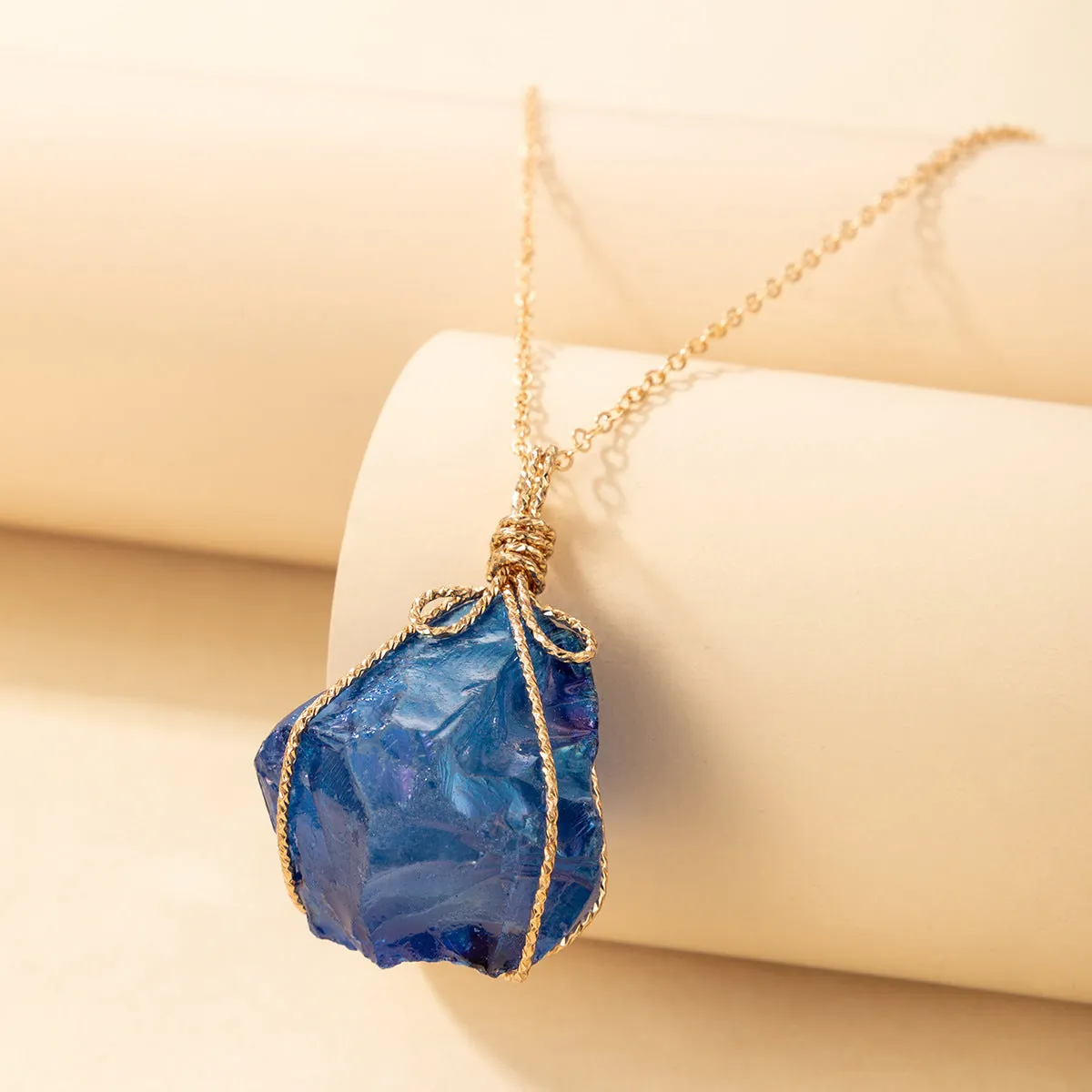 Rainbow quartz crystal necklace with natural rough dyed pendant on alloy chain, blue gold silver colour options